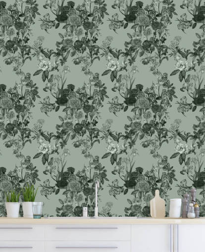 fresque murale florale personnalisable verte appelée Mint Green Flower Garden par Karina Eibatova