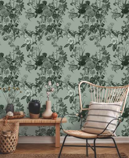 mural de parede floral personalizável verde chamado Mint Green Flower Garden de Karina Eibatova