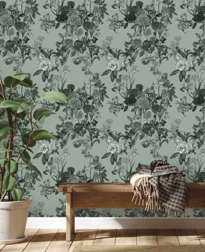 fresque murale florale personnalisable verte appelée Mint Green Flower Garden par Karina Eibatova