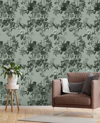 groene aanpasbare bloemenmuurschildering genaamd Mint Green Flower Garden door Karina Eibatova