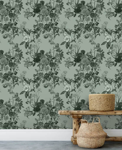 murale floreale verde personalizzabile chiamato Mint Green Flower Garden di Karina Eibatova