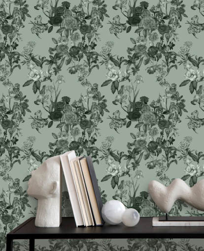 grønn tilpassbar blomsterveggmaleri kalt Mint Green Flower Garden av Karina Eibatova