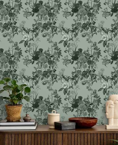 mural de pared floral personalizable verde llamado Mint Green Flower Garden de Karina Eibatova