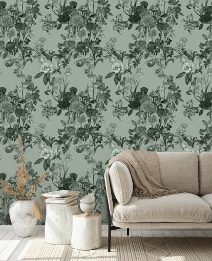 mural de pared floral personalizable verde llamado Mint Green Flower Garden de Karina Eibatova