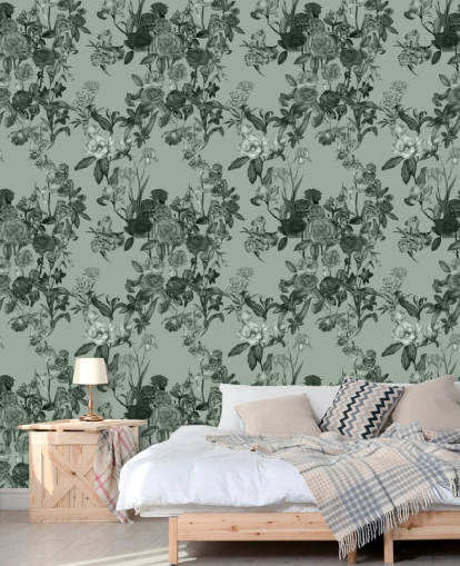 fresque murale florale personnalisable verte appelée Mint Green Flower Garden par Karina Eibatova