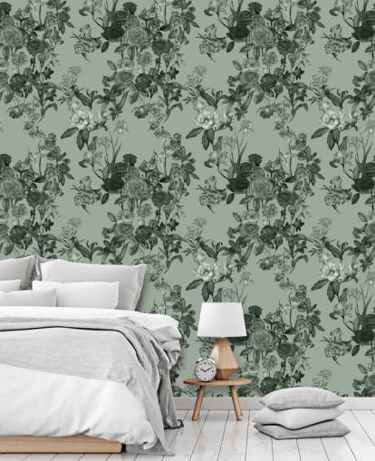 green customisable floral wall mural called Mint Green Flower Garden by Karina Eibatova