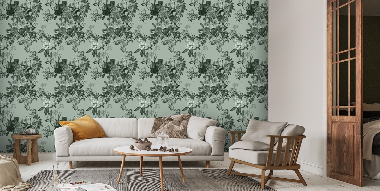 Décoration murale de jardin fleuri vert menthe | Wallsauce FR