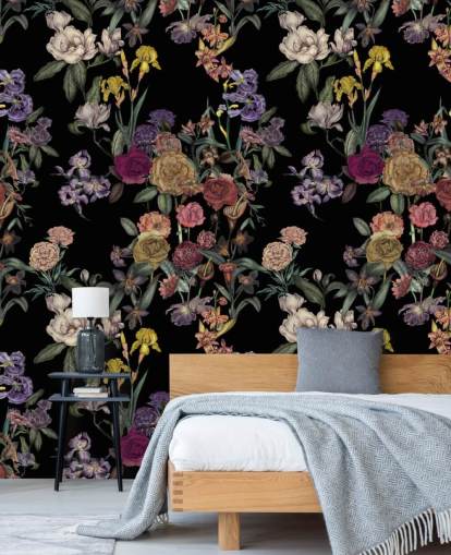 black customisable floral pattern wall mural called Obsidian Flower Garden by Karina Eibatova