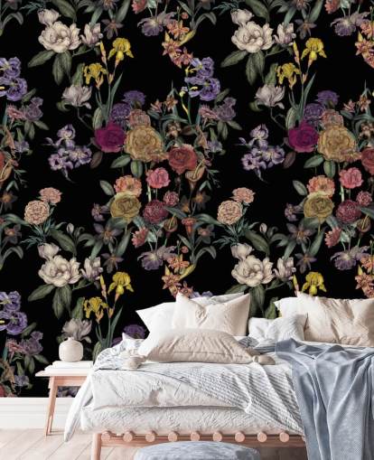 fresque murale noire à motif floral personnalisable appelée Obsidian Flower Garden par Karina Eibatova fresque murale noire à motif floral personnalisable appelée Obsidian Flower Garden par Karina Eibatova