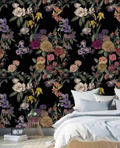 schwarzes personalisierbares Wandbild mit Blumenmuster namens Obsidian Flower Garden von Karina Eibatova