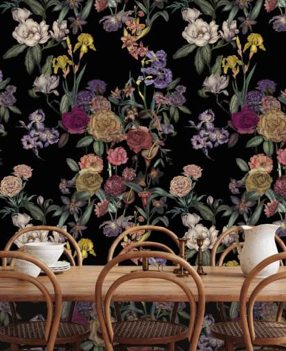 mural de parede preto personalizável com padrão floral chamado Obsidian Flower Garden de Karina Eibatova