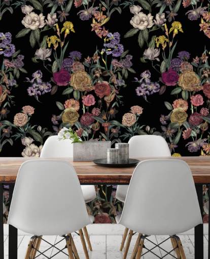 mural de pared negro personalizable con estampado floral llamado Obsidian Flower Garden de Karina Eibatova