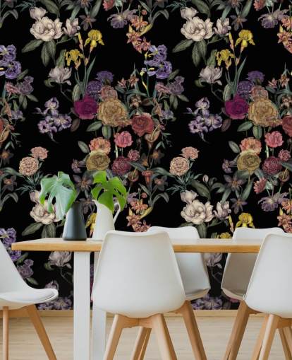 zwarte aanpasbare muurschildering met bloemenpatroon genaamd Obsidian Flower Garden van Karina Eibatova
