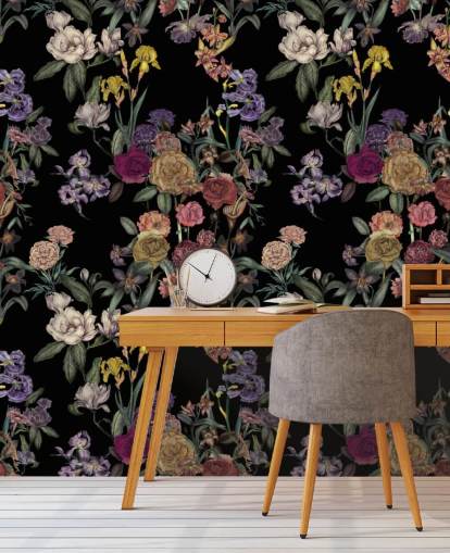 mural de pared negro personalizable con estampado floral llamado Obsidian Flower Garden de Karina Eibatova