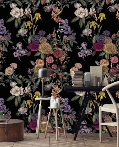 mural de parede preto personalizável com padrão floral chamado Obsidian Flower Garden de Karina Eibatova