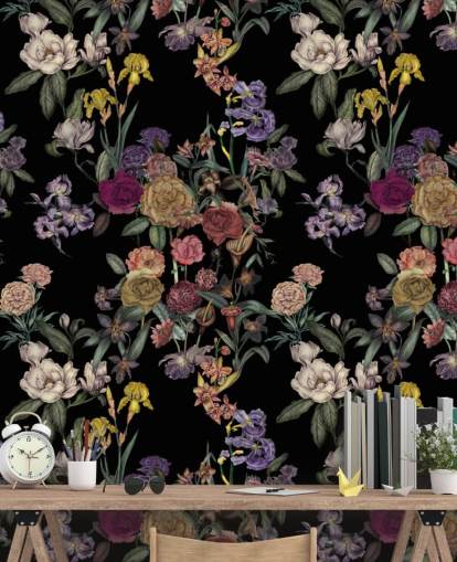 svart anpassningsbar blommönster väggmålning kallad Obsidian Flower Garden av Karina Eibatova