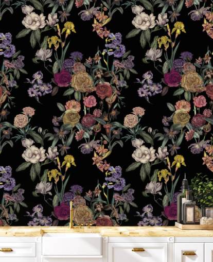 black customisable floral pattern wall mural called Obsidian Flower Garden by Karina Eibatova