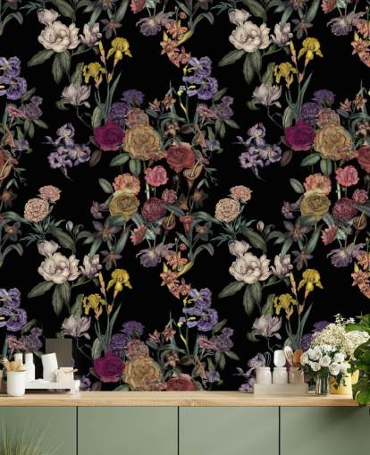 svart tilpassbart blomstermønster veggmaleri kalt Obsidian Flower Garden av Karina Eibatova svart tilpassbart blomstermønster veggmaleri kalt Obsidian Flower Garden av Karina Eibatova