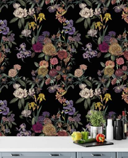 black customizable floral pattern wall mural called Obsidian Flower Garden by Karina Eibatova black customizable floral pattern wall mural called Obsidian Flower Garden by Karina Eibatova