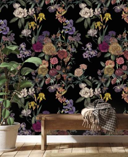 fresque murale noire à motif floral personnalisable appelée Obsidian Flower Garden par Karina Eibatova fresque murale noire à motif floral personnalisable appelée Obsidian Flower Garden par Karina Eibatova