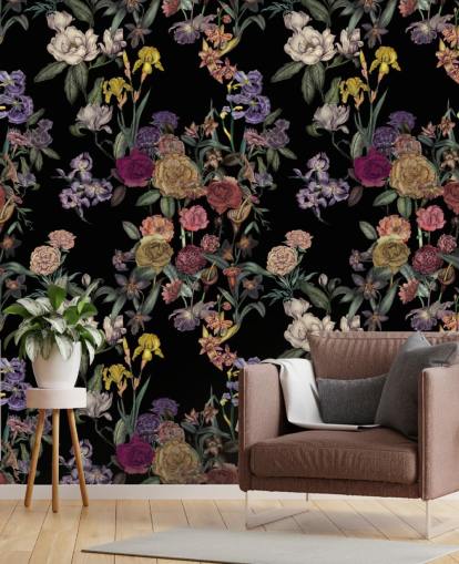 murale nero personalizzabile con motivo floreale chiamato Obsidian Flower Garden di Karina Eibatova