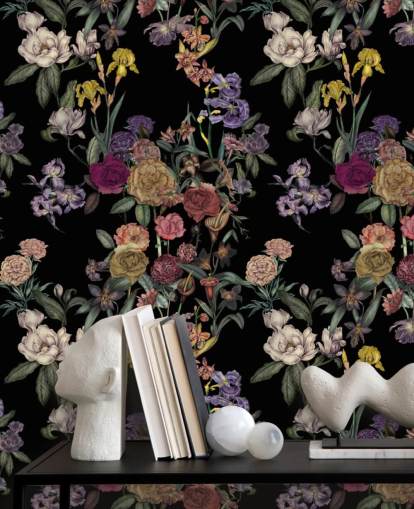 mural de pared negro personalizable con estampado floral llamado Obsidian Flower Garden de Karina Eibatova mural de pared negro personalizable con estampado floral llamado Obsidian Flower Garden de Karina Eibatova