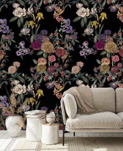 murale nero personalizzabile con motivo floreale chiamato Obsidian Flower Garden di Karina Eibatova