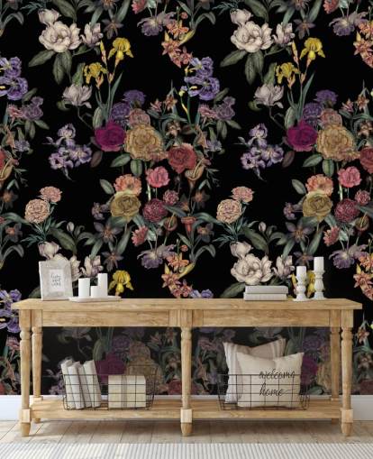 mural de parede preto personalizável com padrão floral chamado Obsidian Flower Garden de Karina Eibatova