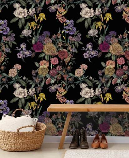 svart anpassningsbar blommönster väggmålning kallad Obsidian Flower Garden av Karina Eibatova
