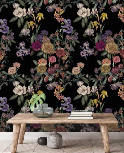 mural de parede preto personalizável com padrão floral chamado Obsidian Flower Garden de Karina Eibatova