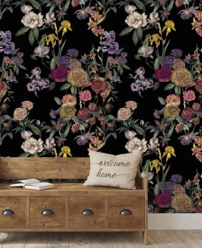 mural de parede preto personalizável com padrão floral chamado Obsidian Flower Garden de Karina Eibatova