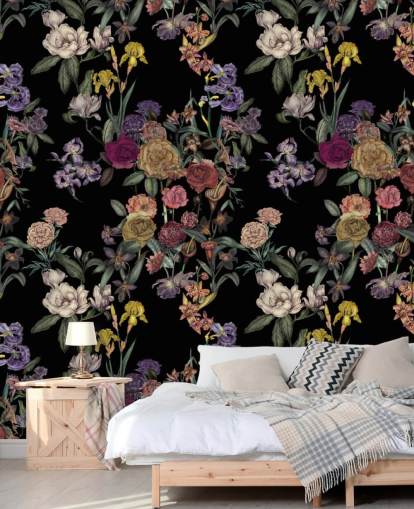murale nero personalizzabile con motivo floreale chiamato Obsidian Flower Garden di Karina Eibatova