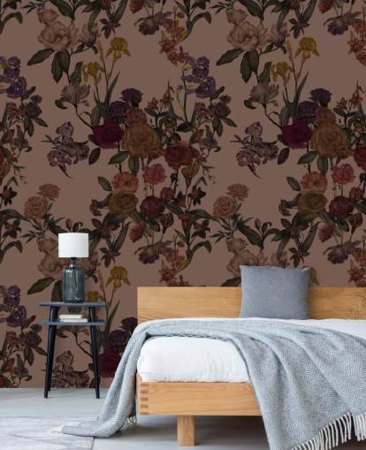 brunt tilpasseligt blomstertapet vægmaleri kaldet Mocha Mousse Flower Garden af Karina Eibatova brunt tilpasseligt blomstertapet vægmaleri kaldet Mocha Mousse Flower Garden af Karina Eibatova