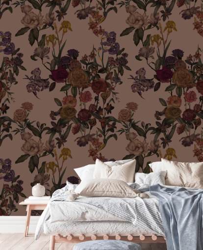 brown customisable floral wallpaper mural called Mocha Mousse Flower Garden by Karina Eibatova brown customisable floral wallpaper mural called Mocha Mousse Flower Garden by Karina Eibatova