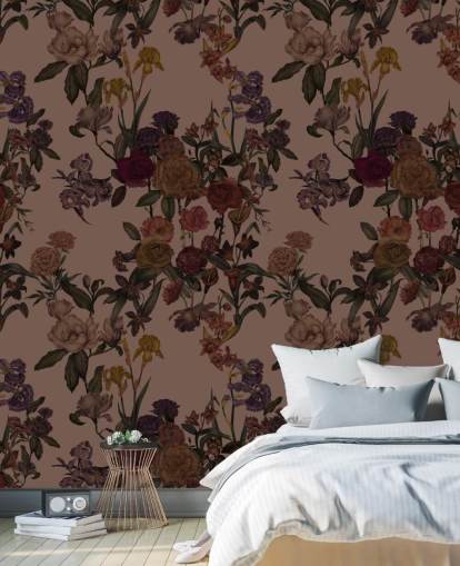 papier peint floral marron personnalisable appelé Mocha Mousse Flower Garden par Karina Eibatova