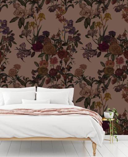 bruine aanpasbare bloemenbehangmuurschildering genaamd Mocha Mousse Flower Garden van Karina Eibatova bruine aanpasbare bloemenbehangmuurschildering genaamd Mocha Mousse Flower Garden van Karina Eibatova