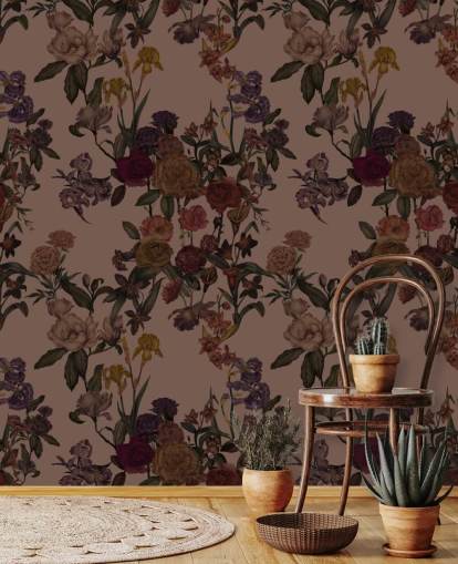 brun anpassningsbar blommig tapetväggmålning kallad Mocha Mousse Flower Garden av Karina Eibatova