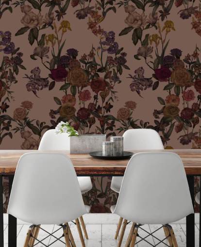 brunt tilpasseligt blomstertapet vægmaleri kaldet Mocha Mousse Flower Garden af Karina Eibatova