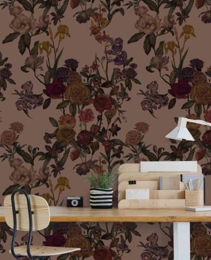 papier peint floral marron personnalisable appelé Mocha Mousse Flower Garden par Karina Eibatova