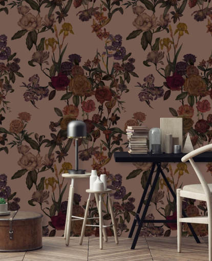 mural de papel de parede floral personalizável marrom chamado Mocha Mousse Flower Garden de Karina Eibatova
