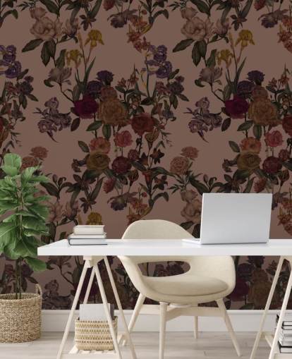 brunt tilpassbart blomstertapet veggmaleri kalt Mocha Mousse Flower Garden av Karina Eibatova brunt tilpassbart blomstertapet veggmaleri kalt Mocha Mousse Flower Garden av Karina Eibatova