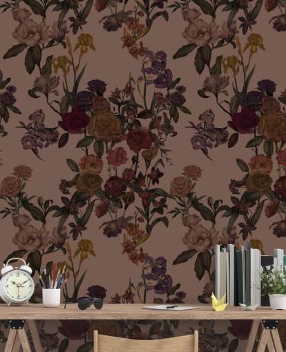 bruine aanpasbare bloemenbehangmuurschildering genaamd Mocha Mousse Flower Garden van Karina Eibatova