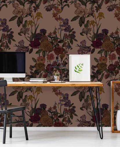 brun anpassningsbar blommig tapetväggmålning kallad Mocha Mousse Flower Garden av Karina Eibatova