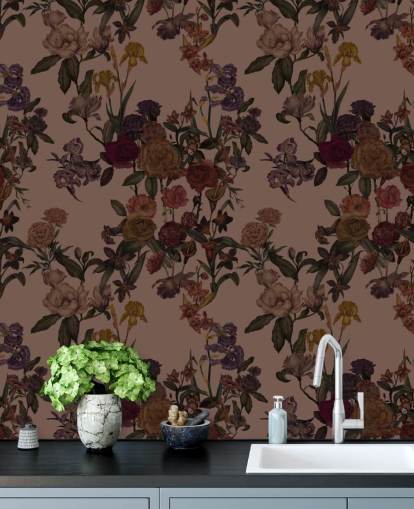 brown customizable floral wallpaper mural called Mocha Mousse Flower Garden by Karina Eibatova