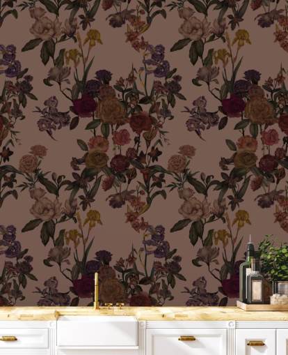 brown customizable floral wallpaper mural called Mocha Mousse Flower Garden by Karina Eibatova