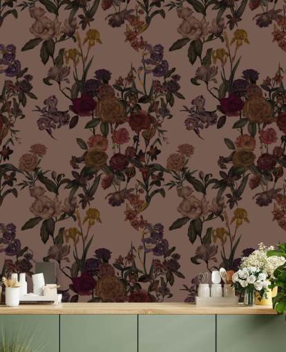 carta da parati murale floreale personalizzabile marrone chiamata Mocha Mousse Flower Garden di Karina Eibatova