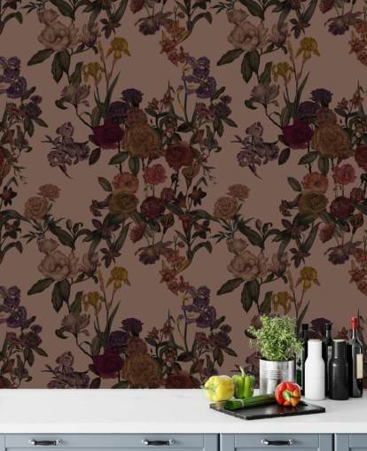 carta da parati murale floreale personalizzabile marrone chiamata Mocha Mousse Flower Garden di Karina Eibatova