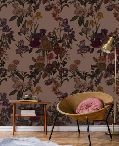 brown customisable floral wallpaper mural called Mocha Mousse Flower Garden by Karina Eibatova brown customisable floral wallpaper mural called Mocha Mousse Flower Garden by Karina Eibatova