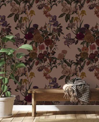 papier peint floral marron personnalisable appelé Mocha Mousse Flower Garden par Karina Eibatova