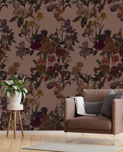papier peint floral marron personnalisable appelé Mocha Mousse Flower Garden par Karina Eibatova
